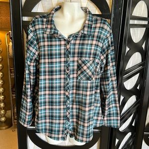 Love University Green & Tan Fleece Button Up Long Sleeve Shirt / Top / Blouse.